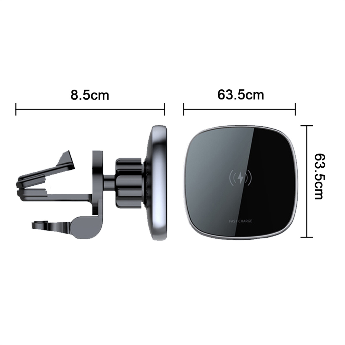 Kabelloses Autoladegerät mit Abmessungen und Wireless-Ladesymbol.