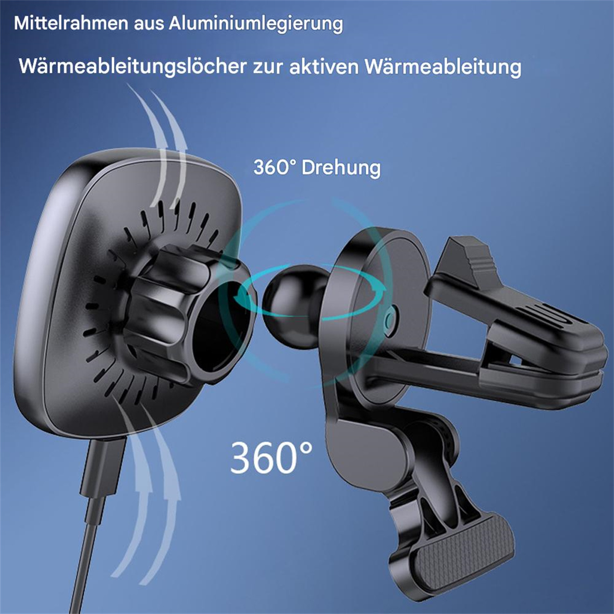 Kfz-Telefonhalter mit 360° Drehung, schwarz, Nahaufnahme mit Pfeilen, die den Luftstrom anzeigen.