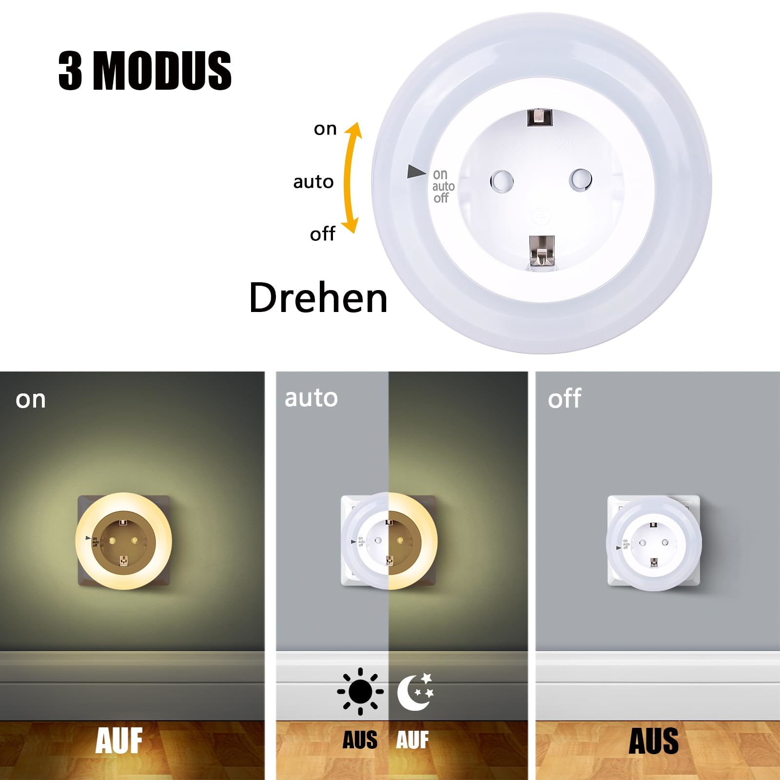 Ein Steckdosen-Nachtlicht mit drei Modi, das das Licht ein, automatisch und aus zeigt.