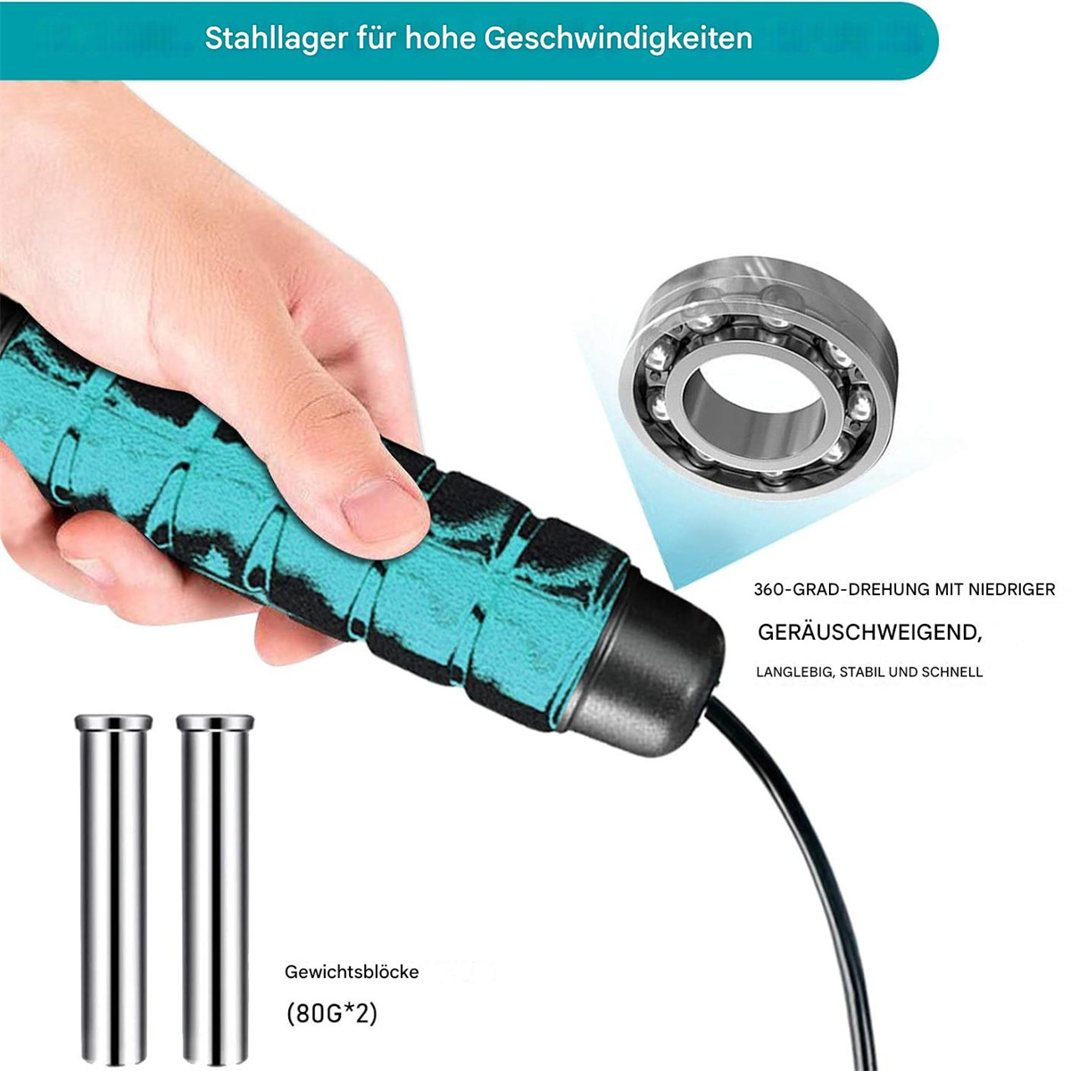 Hand, die ein türkisfarbenes Springseil mit Gewichten hält, Text auf Deutsch.