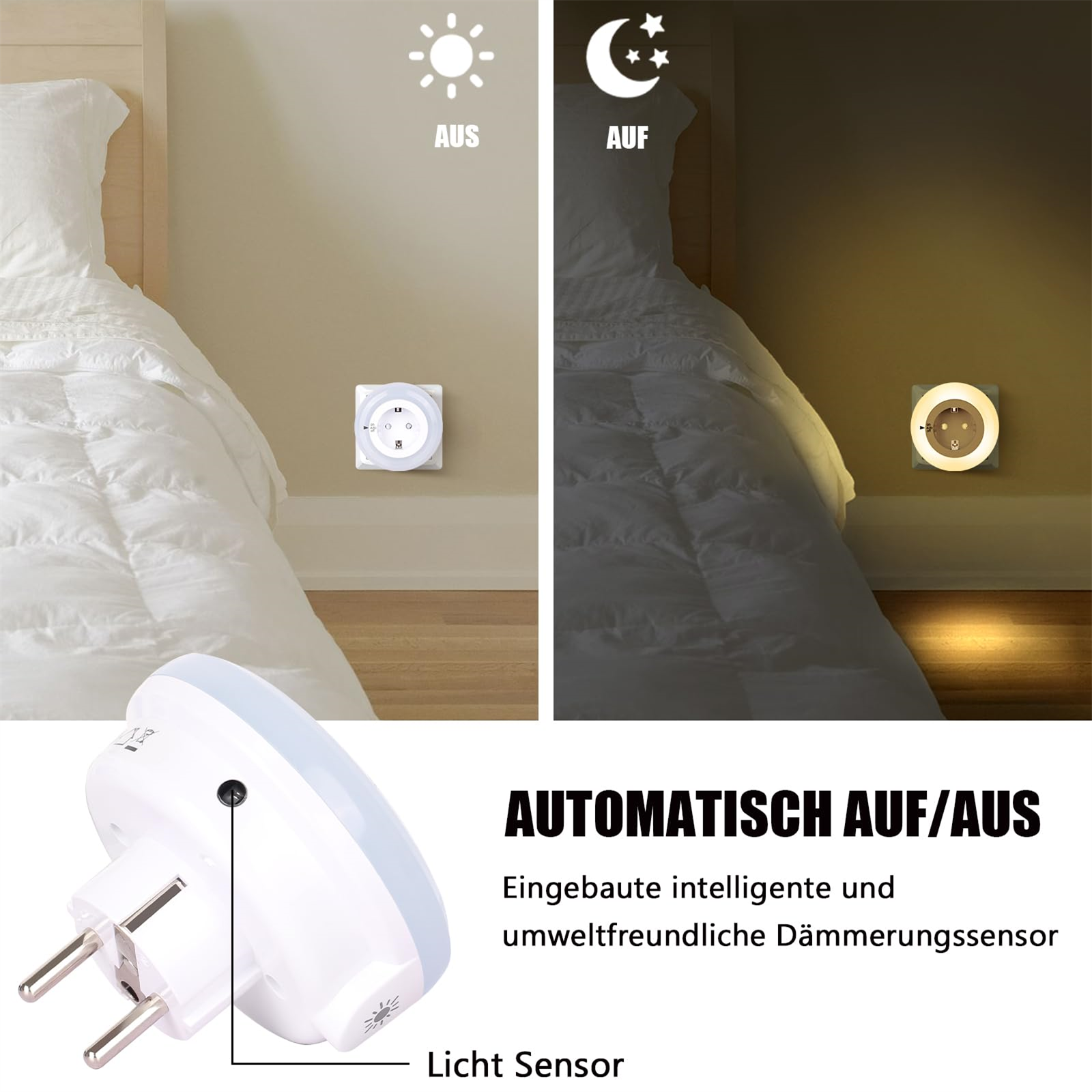 Nachtlicht in der Wand. Zeigt die Modi Ein und Aus. Text: automatisch Ein/Aus und Lichtsensor.
