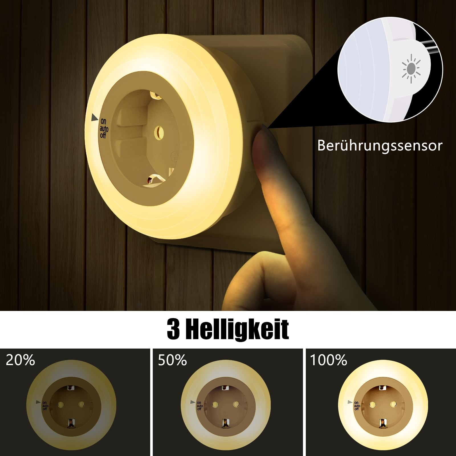 Eine Wand-Nachtlicht mit drei Helligkeitseinstellungen, und eine Hand berührt es.