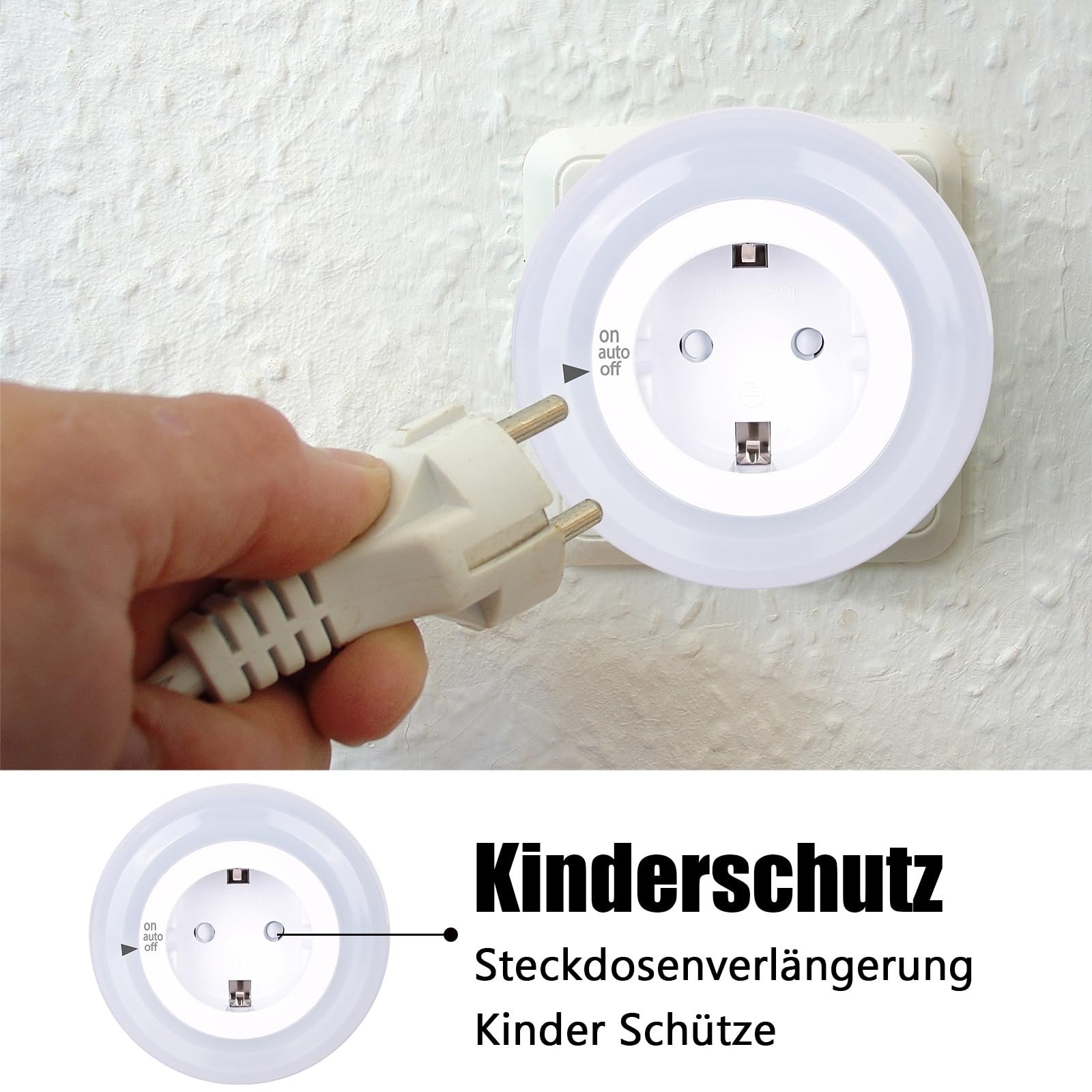 Eine weiße Steckdose mit Nachtlicht. Ein Stecker soll eingesteckt werden. Text weist auf Kindersicherung hin.