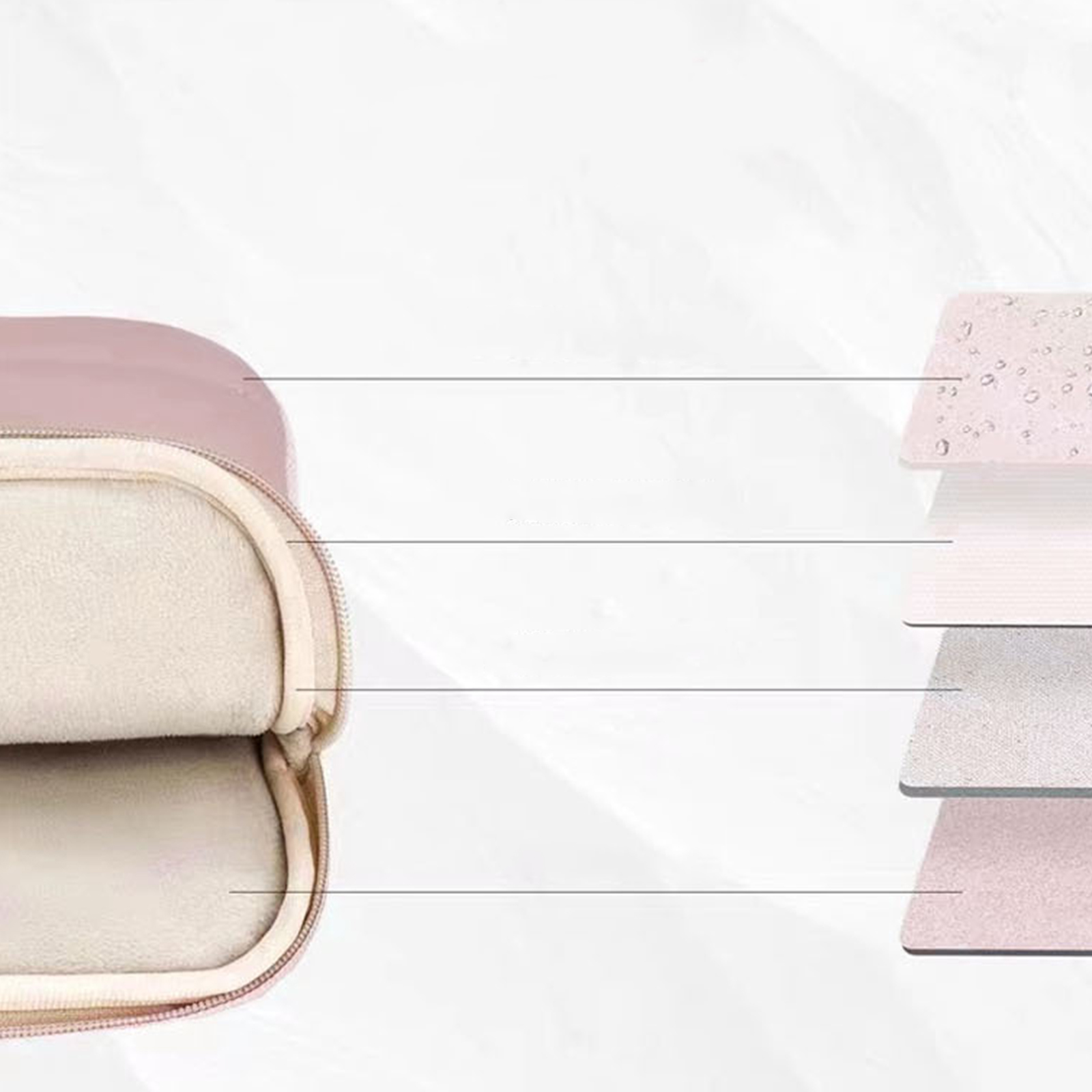 Mehrschichtiger rosa Koffer. Schichten: weiches Futter, Polsterung, Stoff und Außenschale.