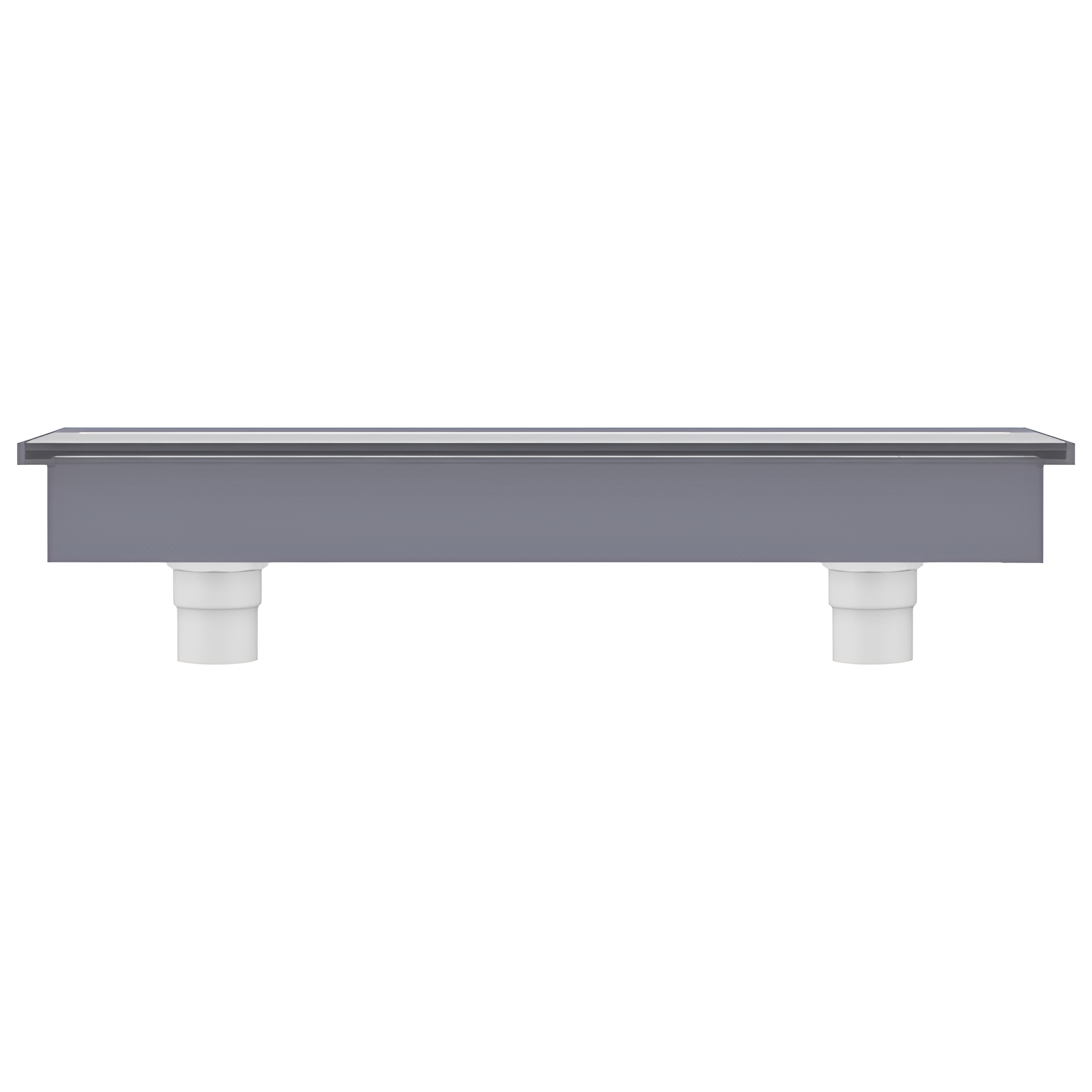 Rechteckiger grauer Abfluss mit zwei weißen Rohrverbindern, vor weißem Hintergrund.