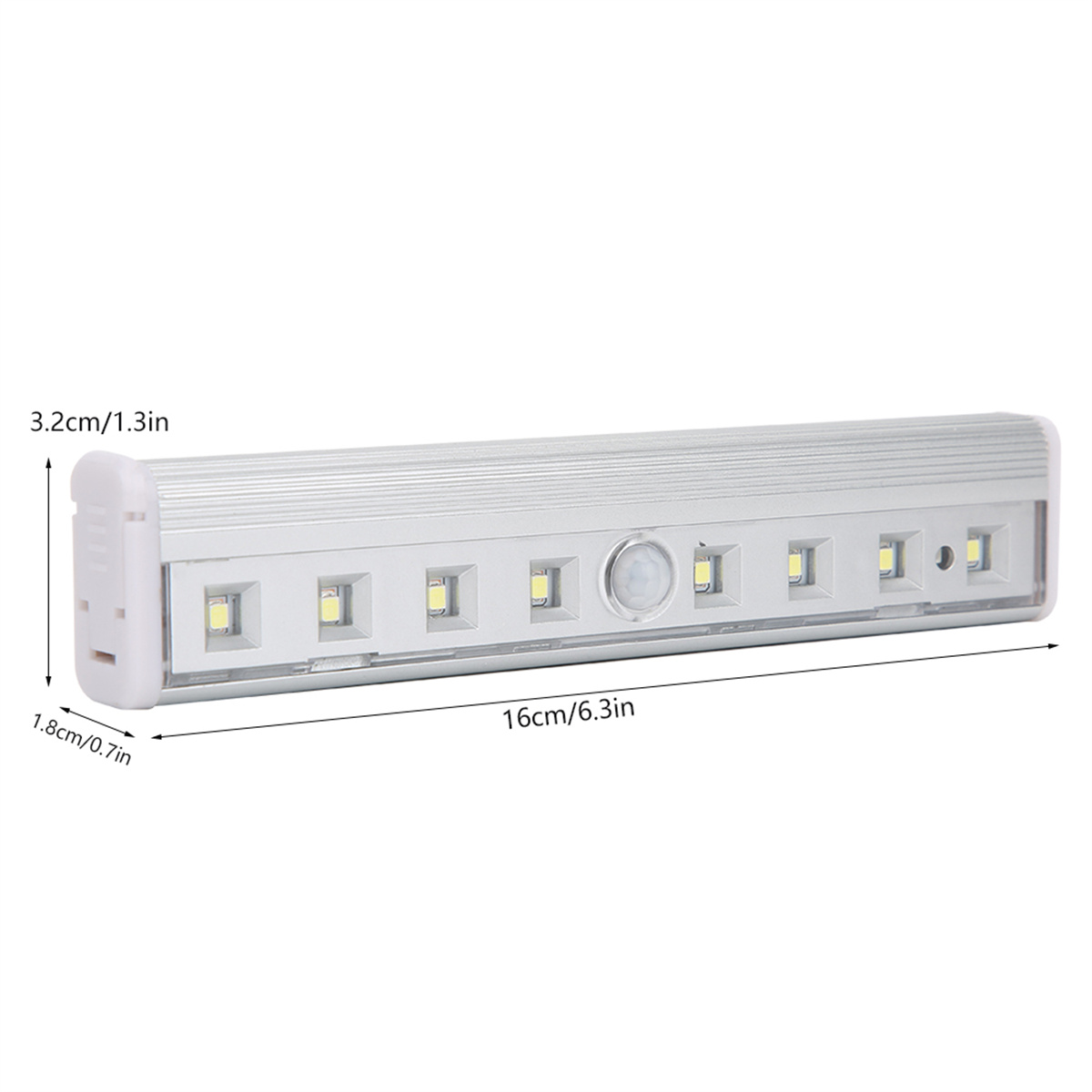 LED-Leuchte mit Messungen. Eine silberne LED-Leuchte mit Abmessungen in Zentimetern und Zoll.