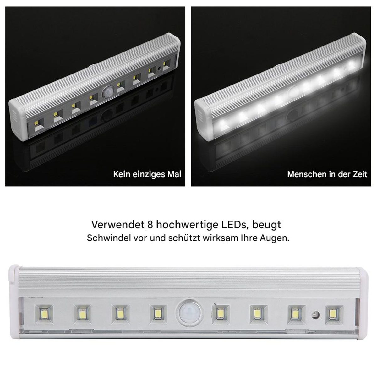 Drei Bilder einer LED-Lichtleiste. Einmal aus, einmal an. Text auf Deutsch beschreibt die Verwendung.