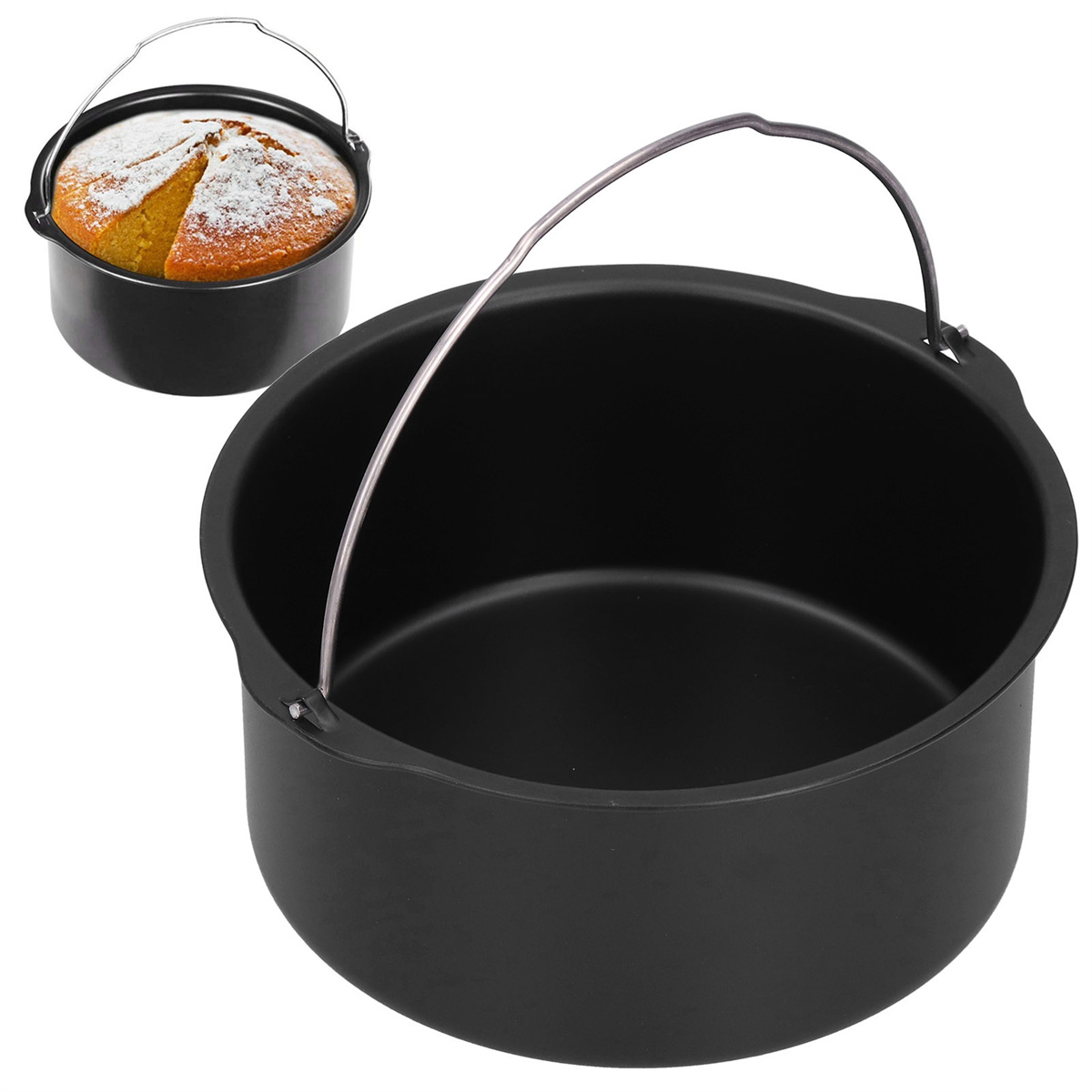 Schwarzer Airfryer-Korb mit Kuchen darin. Ein weiterer Korb befindet sich im Hintergrund.