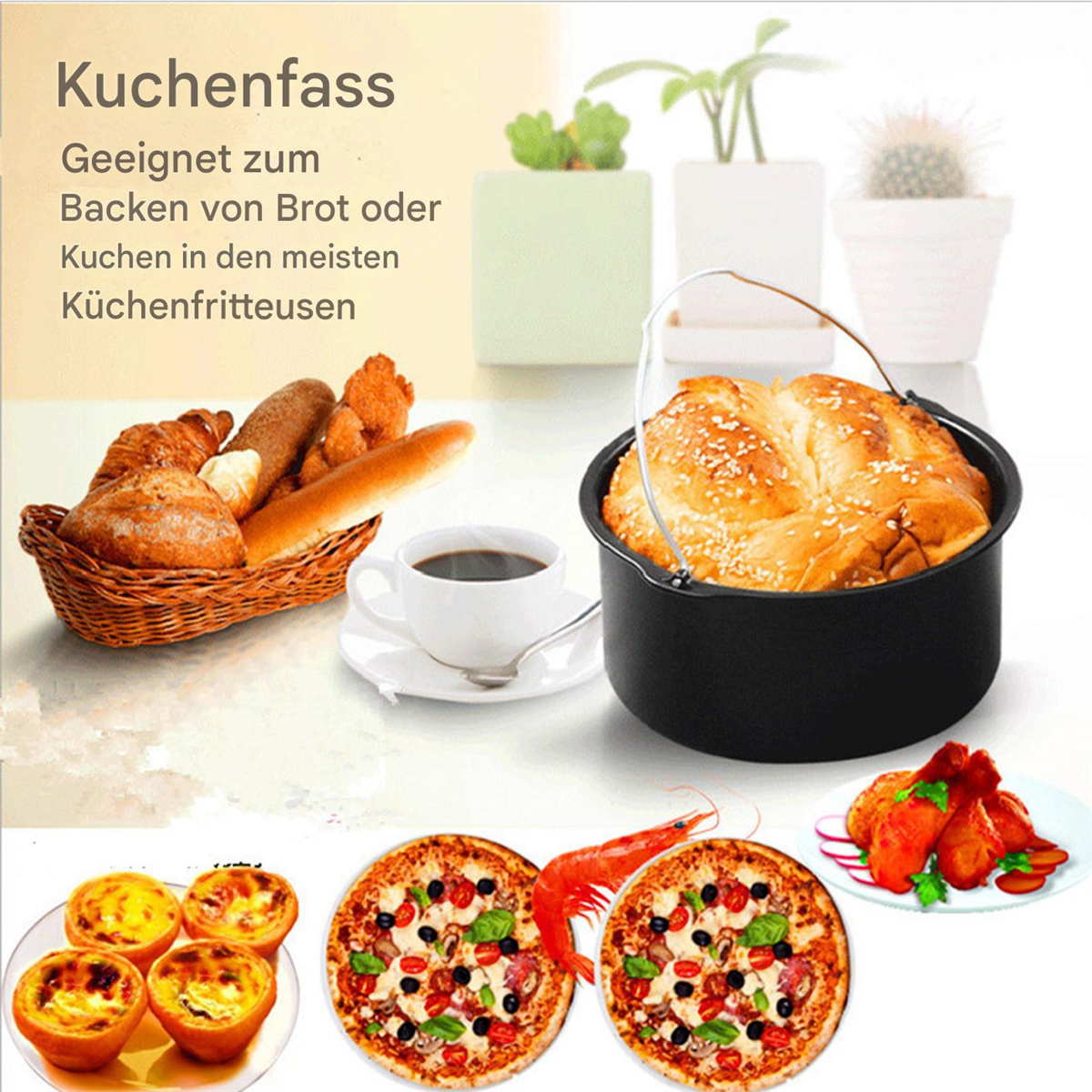 Verschiedene Backwaren, Kaffee und Pizza auf einem Tisch.