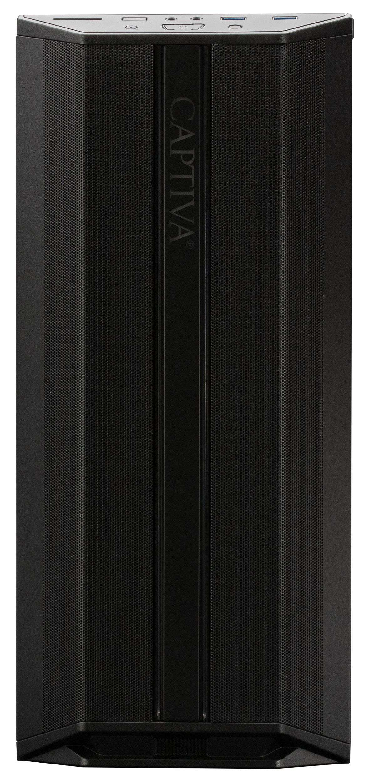 Zwarte Captiva computertoren. Verticaal, met Captiva logo en ventilatieopeningen. Strak design en moderne uitstraling.