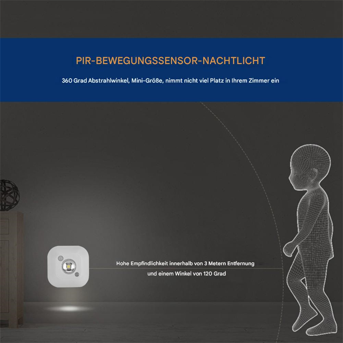 Ein Lichtsensor mit einem 3D-Modell einer Person in einem dunklen Raum.