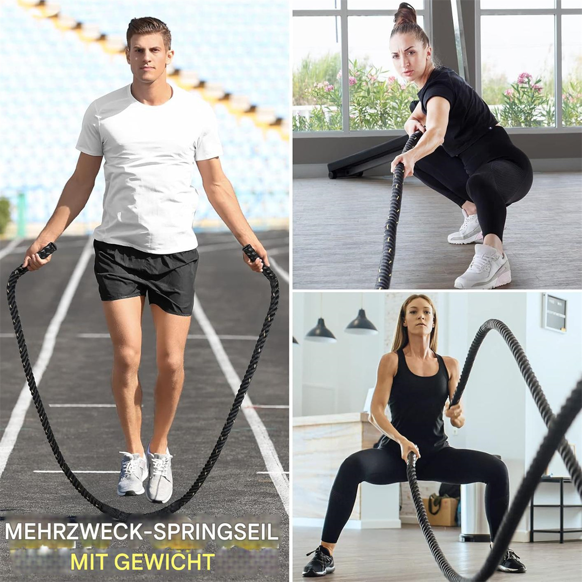 Drei Bilder von Personen, die gewichtete Springseile verwenden. Ein Mann und zwei Frauen trainieren mit Seilen.