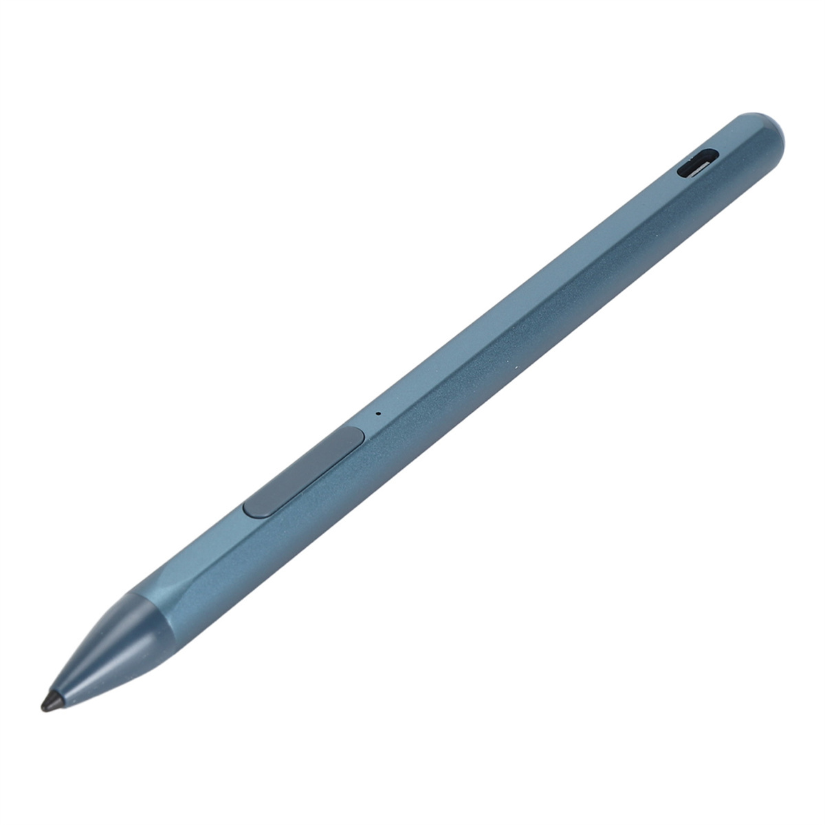 Blauer Stift, mit einem grauen Knopf und einer dunkelgrauen Spitze.