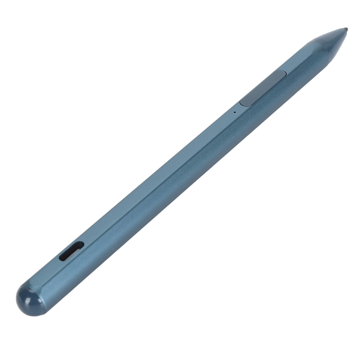 Blauer Eingabestift, schräg dargestellt. Einfaches, elegantes Design. Ein Knopf an der Seite.