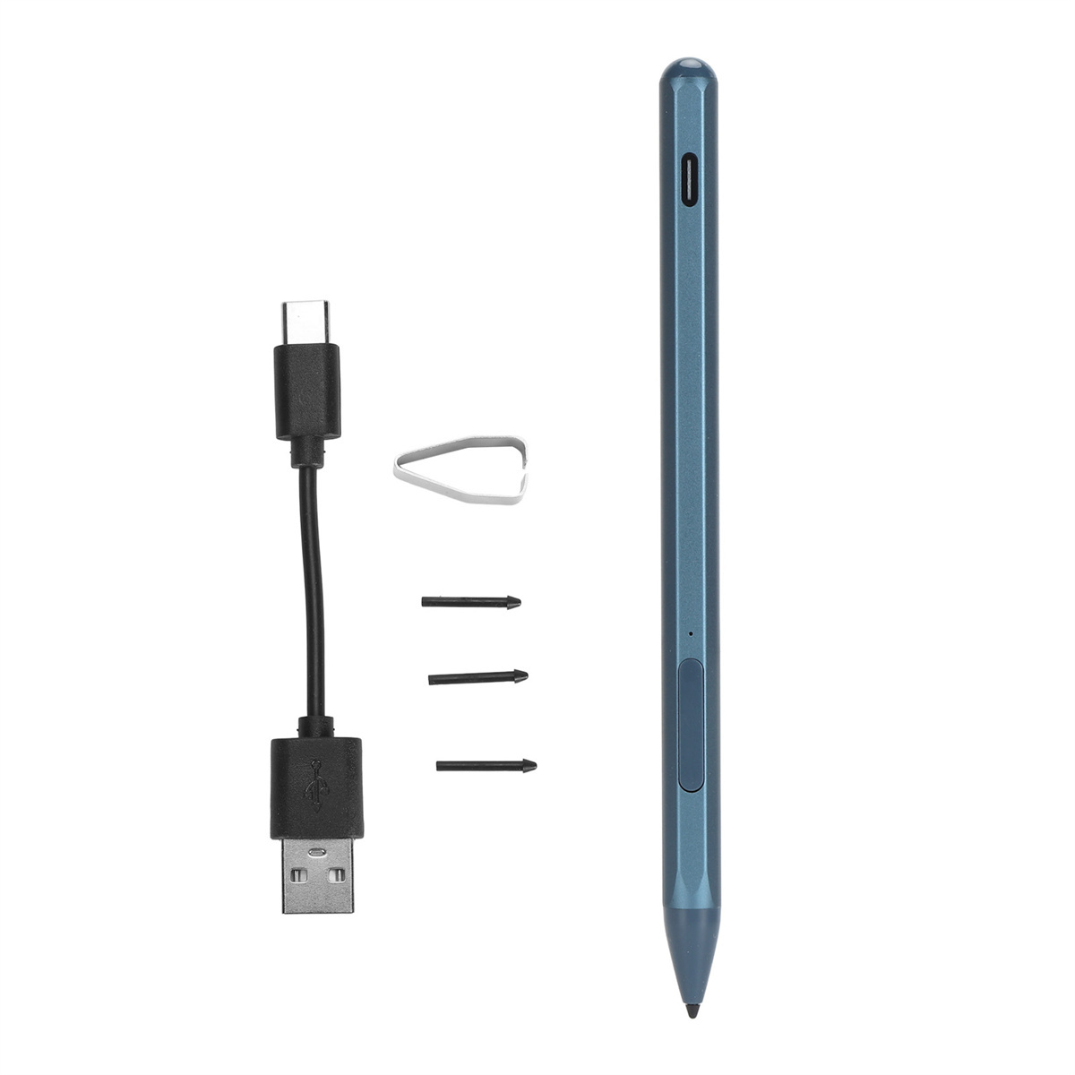 Blauer Eingabestift, USB-C-Kabel und Zubehör auf weißem Hintergrund. Sauberes und organisiertes Setup.