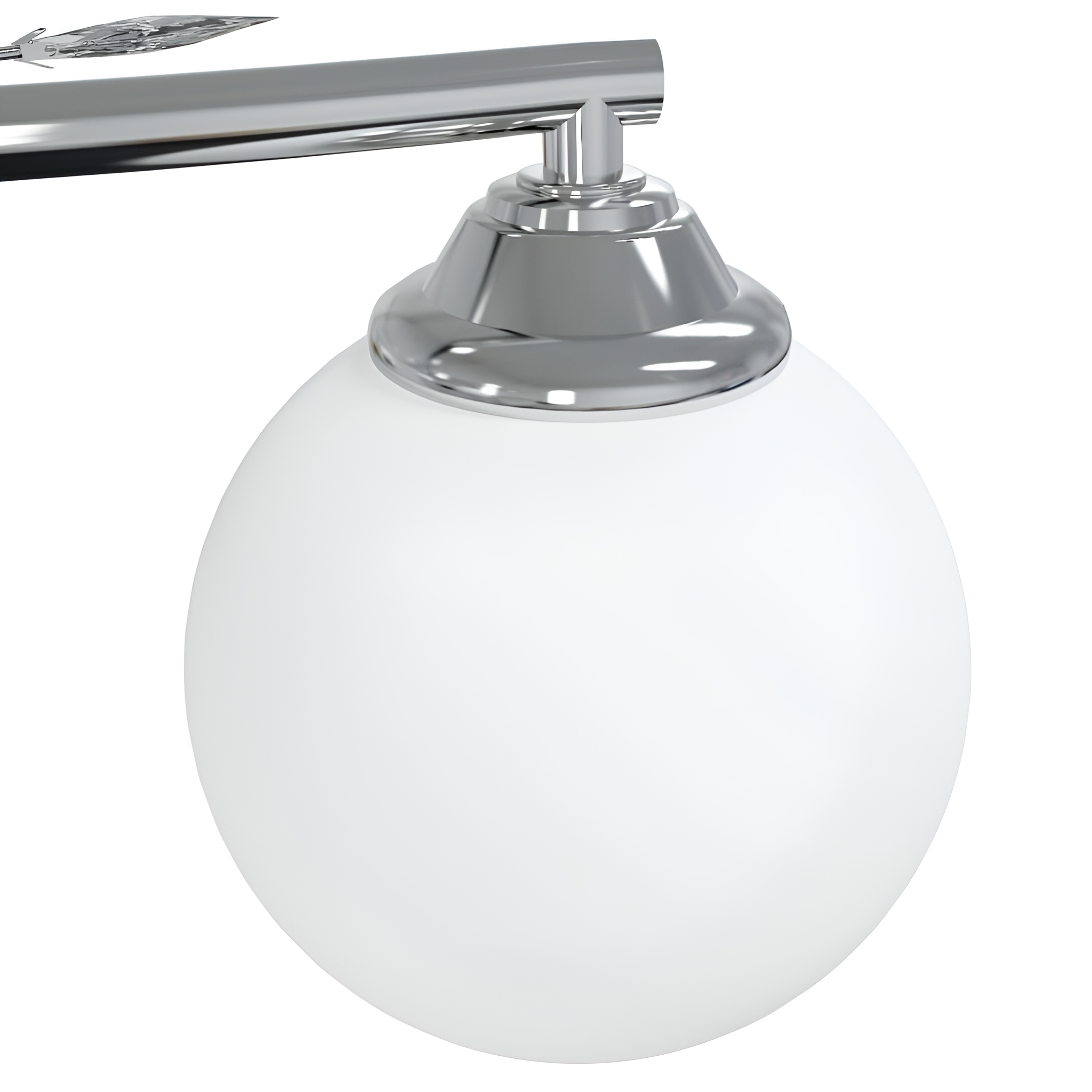 Verchromte Lampe mit weißem, kugelförmigem Schirm.