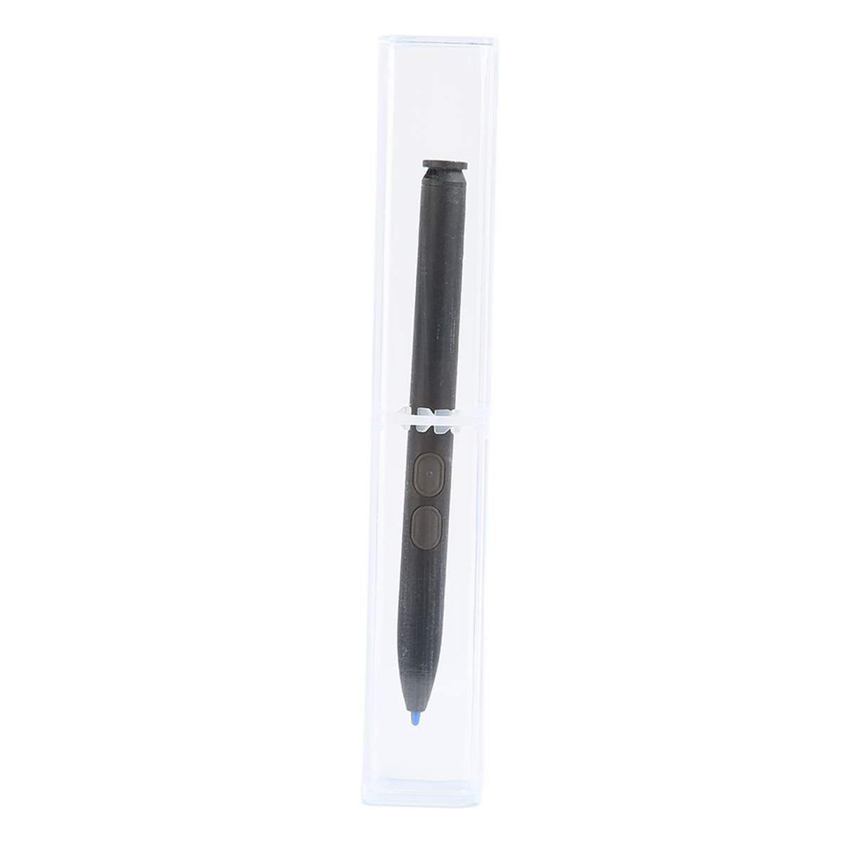 Schwarzer Eingabestift in einer transparenten Kunststoffhülle. Der Stift hat zwei Tasten und eine blaue Spitze.