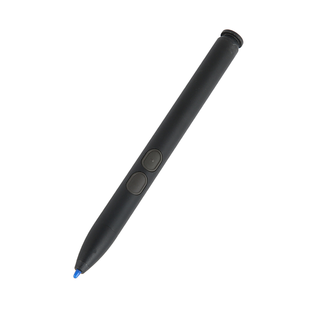Schwarzer Stift mit zwei Knöpfen und blauer Spitze, isoliert auf weißem Grund.