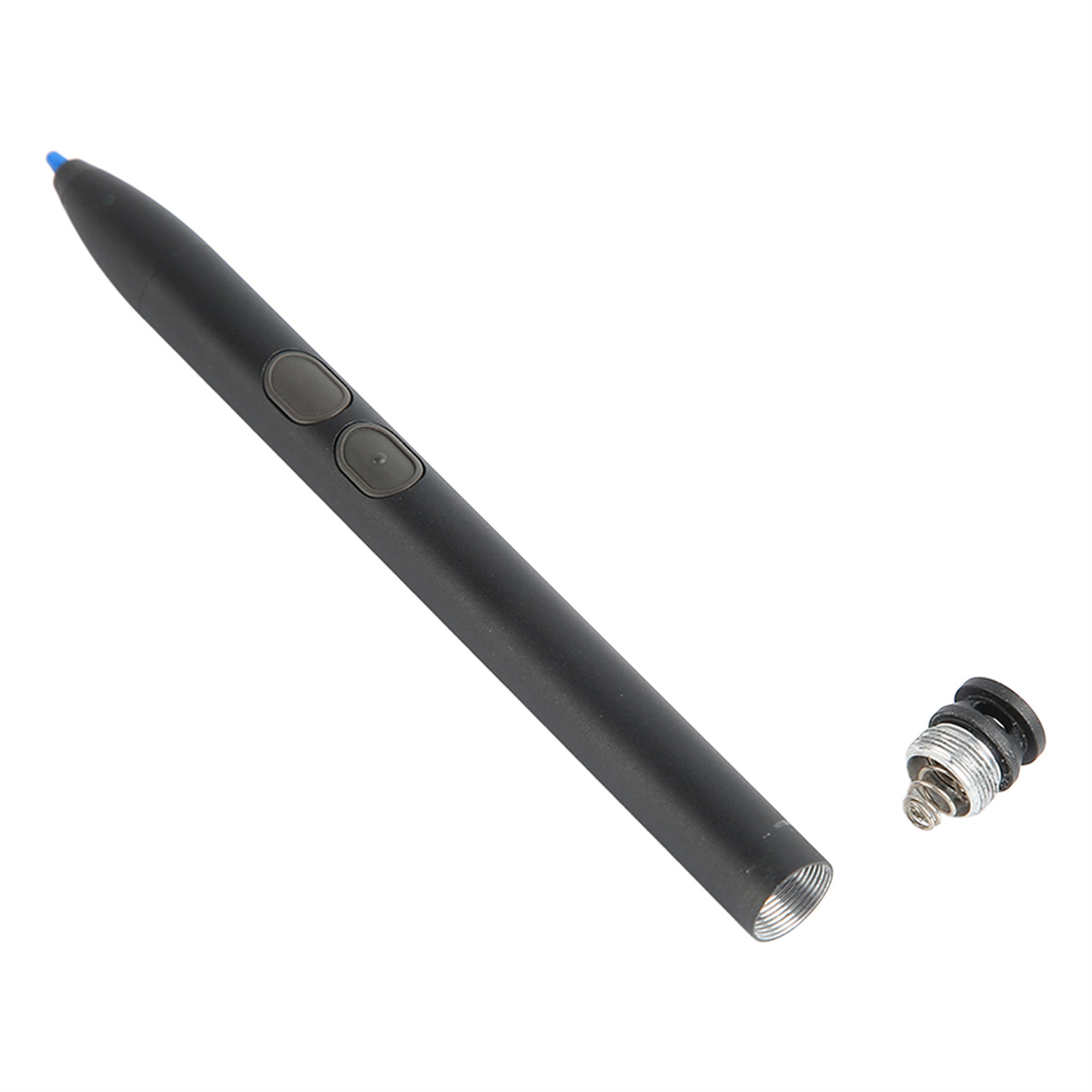 Schwarzer Eingabestift mit zwei Knöpfen und einer abgetrennten Spitze mit Feder.