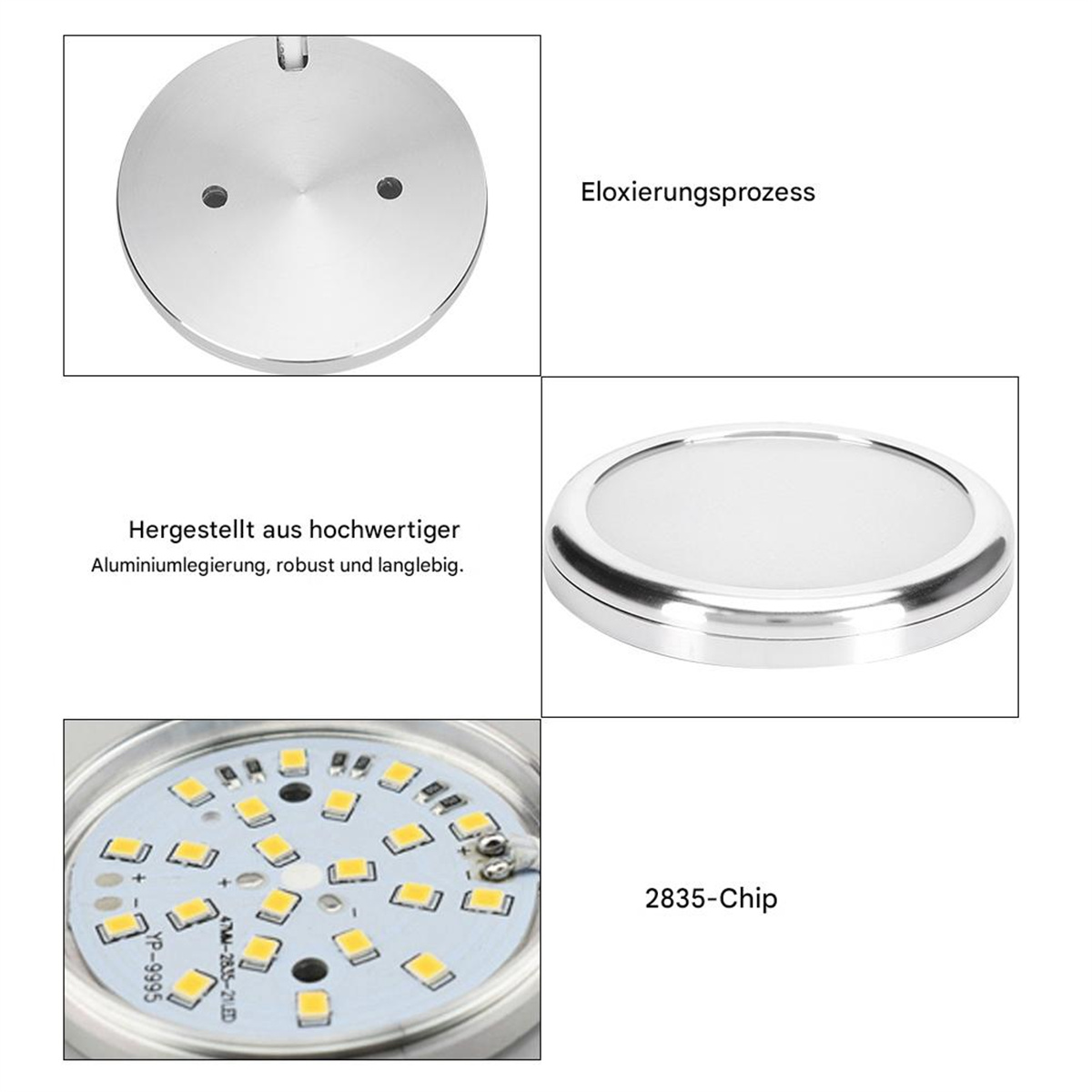 Nahaufnahme einer LED-Lichtkomponente. Zeigt Metallsockel, Text und Details des LED-Chips sowie ein fertiges Produkt.