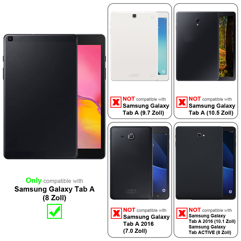 Tablet su sfondo bianco con note di compatibilità. Compatibile solo con Samsung Galaxy Tab A (8 Zoll).
