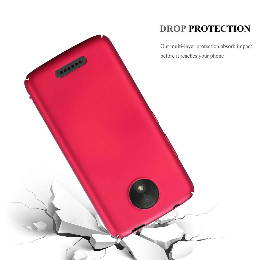 Custodia rossa per telefono che cade, con una superficie incrinata sotto. Testo: Protezione anticaduta. Sfondo bianco.