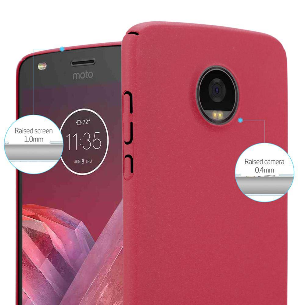 Una custodia rossa per telefono, con il telefono all'interno. Lo schermo e la fotocamera sono evidenziati con etichette.