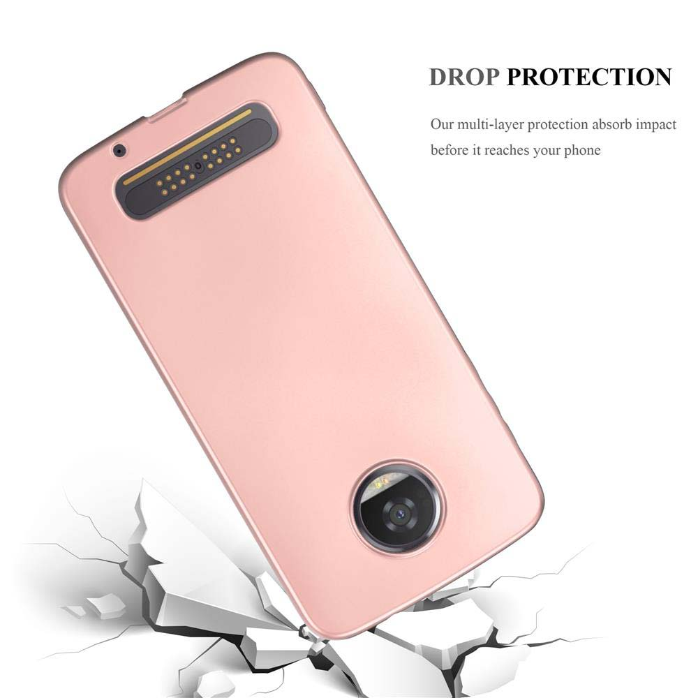 Funda de teléfono oro rosa cayendo con superficie rota debajo. Texto: Drop Protection.