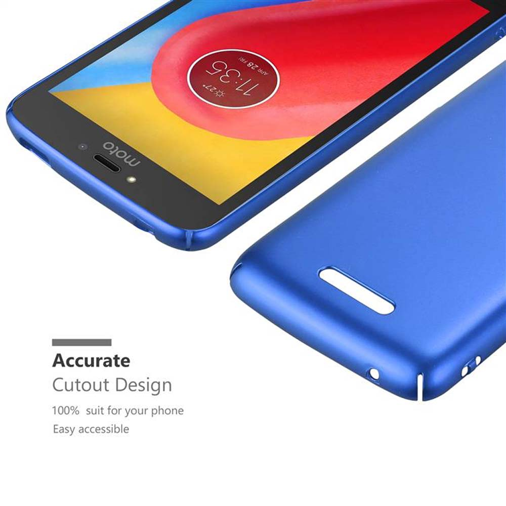Telefono blu e custodia blu, con testo: Design di ritaglio accurato e logo Moto.