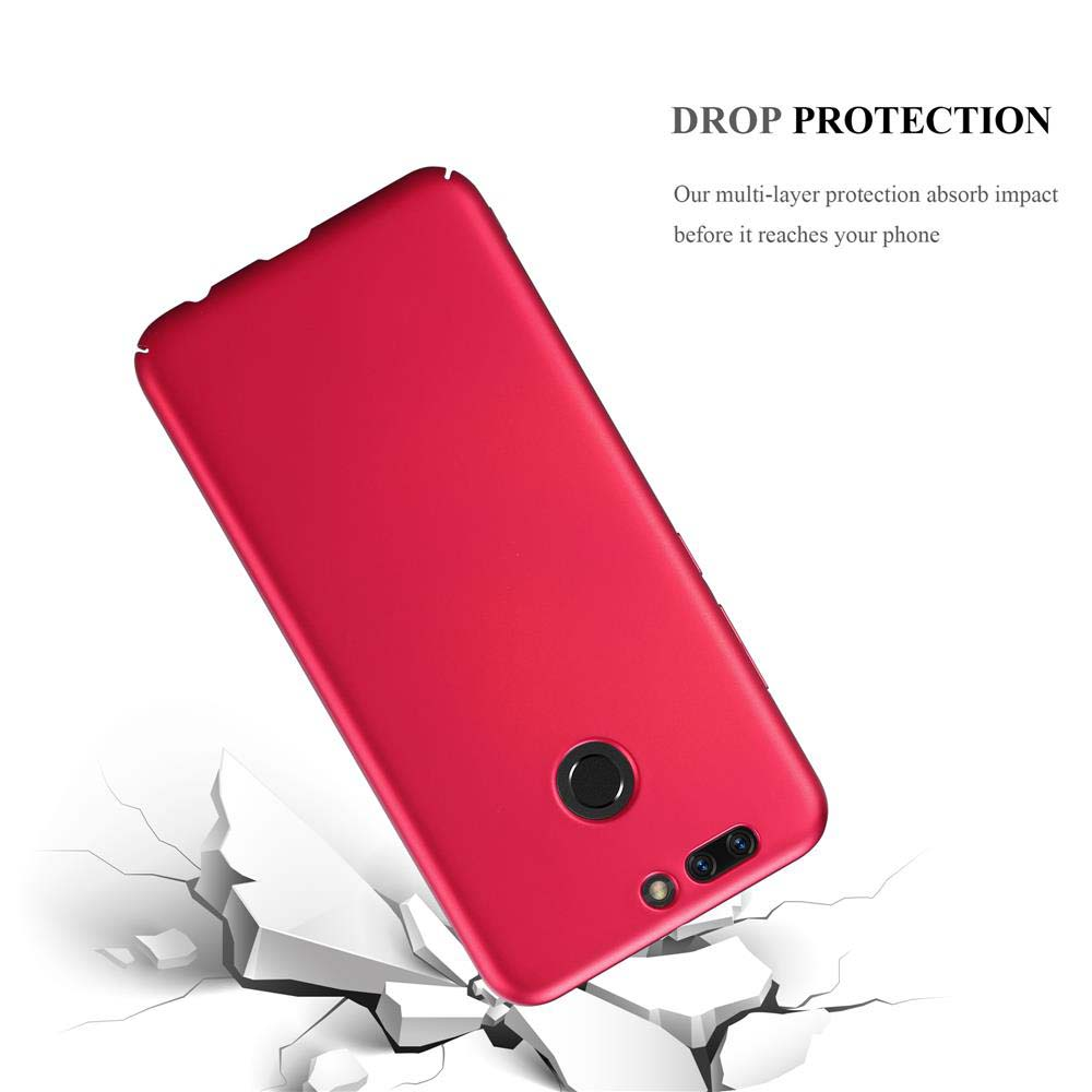 Custodia rossa per telefono con telefono. Il telefono è dentro la custodia, su sfondo bianco.