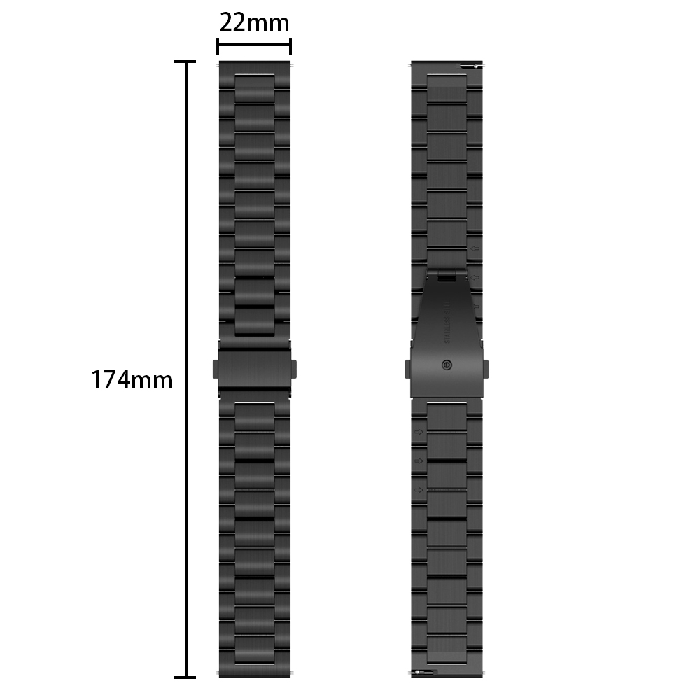Ein schwarzes Uhrenarmband, das seine Längen- und Breitenabmessungen zeigt. Es ist ganz schwarz.