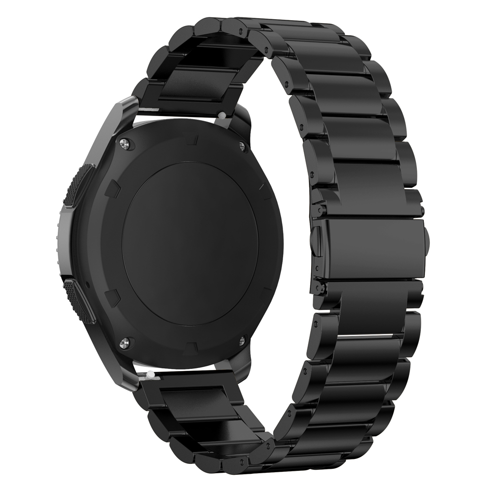 Schwarze Smartwatch mit schwarzem Metallarmband. Das Armband ist um die Unterseite der Uhr gebogen.