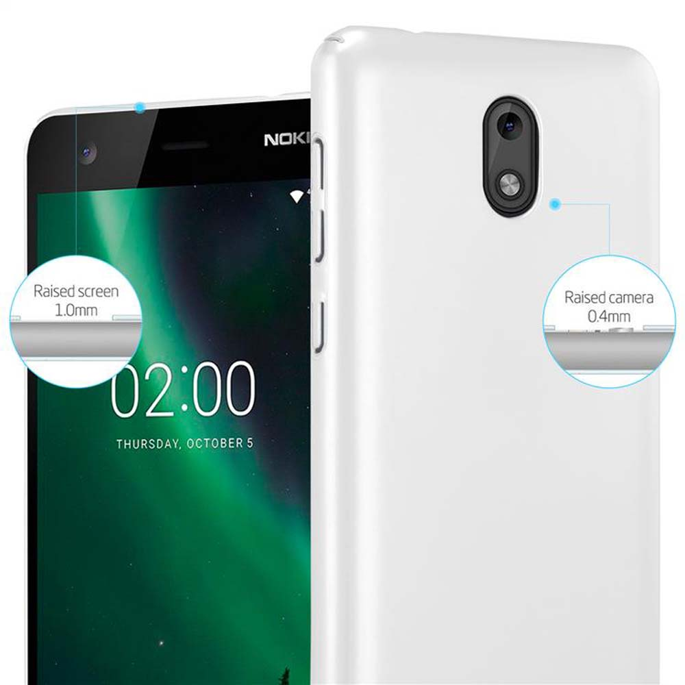 Weißes Telefon mit erhöhtem Bildschirm und Kamera. Der Bildschirm zeigt die Uhrzeit. Weiße Rückseite.