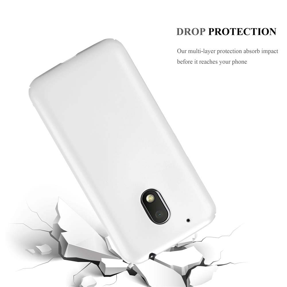 Un telefono bianco sta cadendo e sta rompendo una superficie, pubblicizzando la protezione dalle cadute.