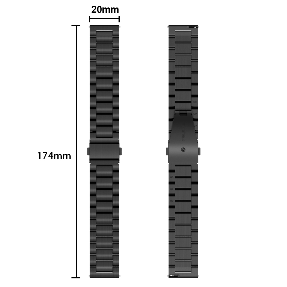 Schwarzes Metall-Uhrenarmband. Messung von 20 mm Breite, 174 mm Länge. Weißer Hintergrund.