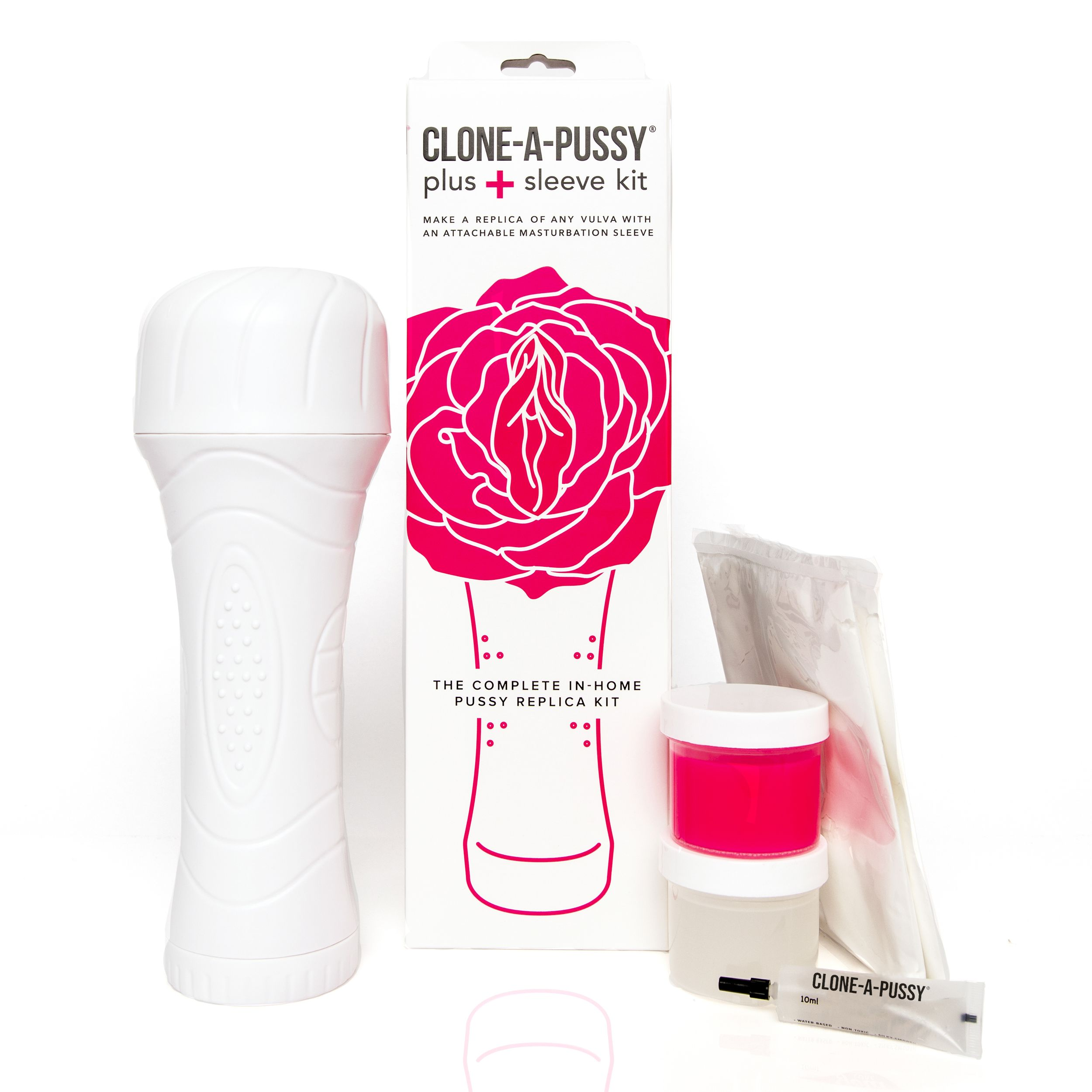 Ein weißes Masturbationsgerät und Kit mit einer rosa Vulva-Illustration auf weißem Grund.