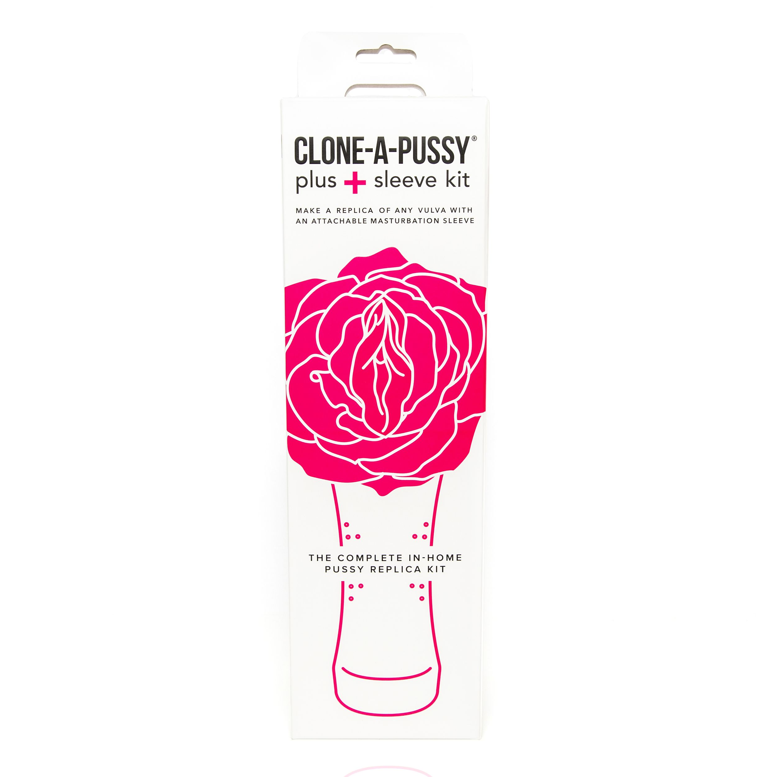 Box mit rosa Zeichnung einer Vulva. Text: Clone-A-Pussy plus Sleeve Kit, das komplette Heim-Pussy-Replikat-Kit.