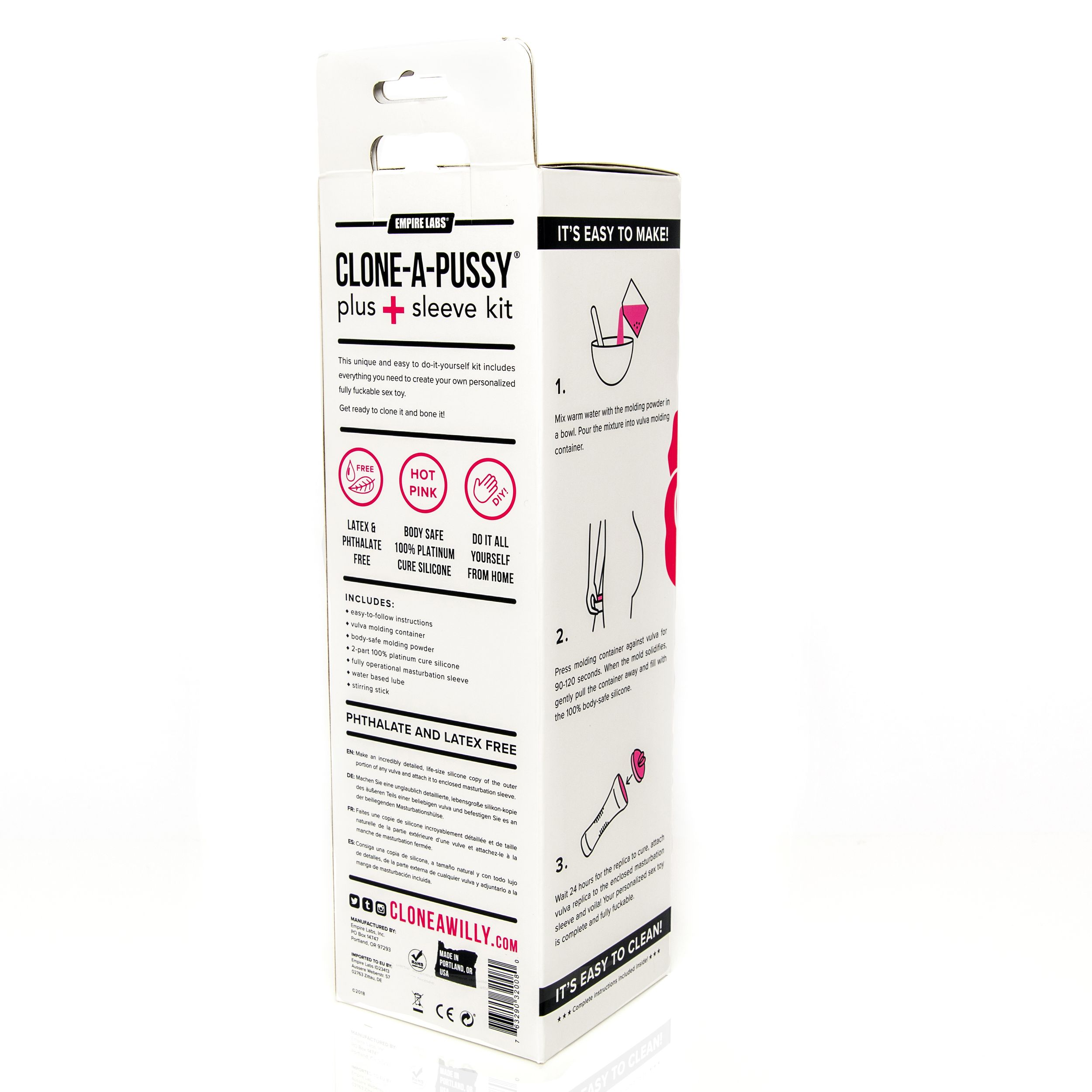 Produktbox eines Kits mit Anweisungen. Die Box ist weiß mit pinkfarbenem Text.
