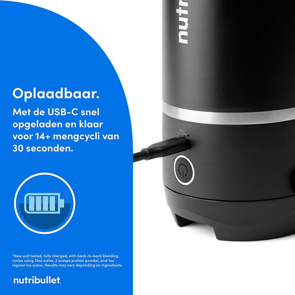 Zwarte Nutribullet basis met oplaadkabel en aan/uit knop, batterij-icoon op blauwe achtergrond.