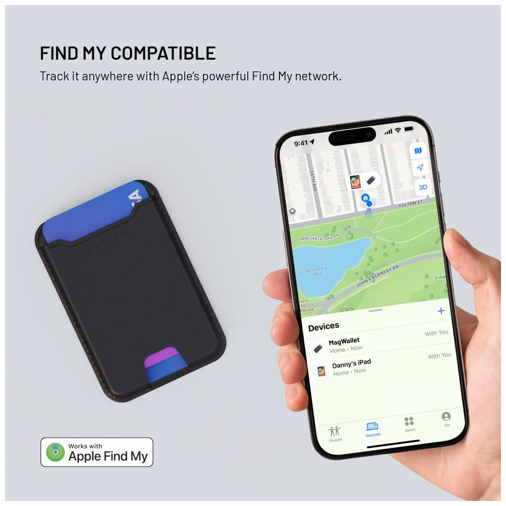 Eine Brieftasche mit einer blauen Karte und ein Telefon, das eine Karte zeigt. Text: Find My kompatibel.