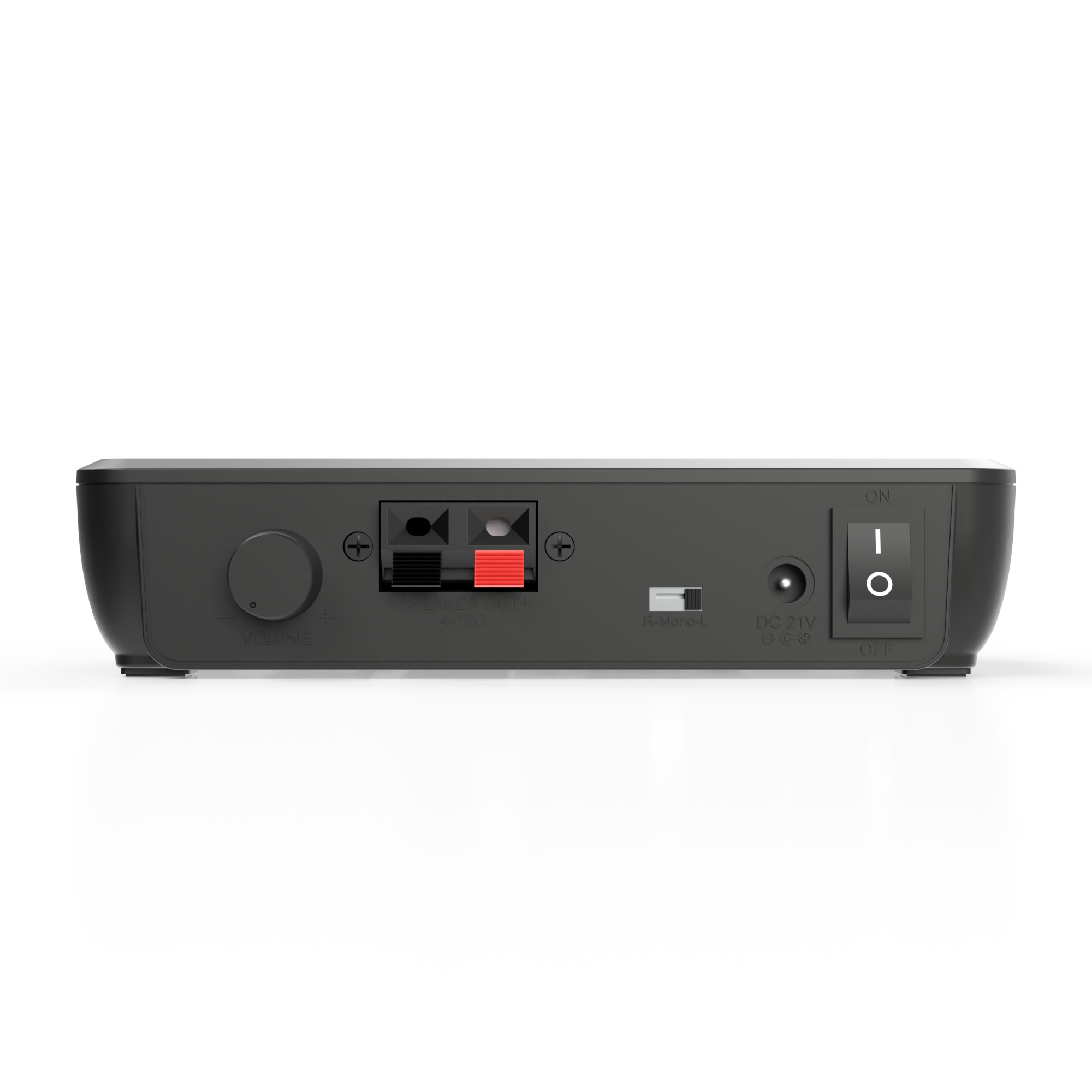 Schwarzer Audio-Receiver mit Eingangs-/Ausgangsanschlüssen, Strom- und Ein-/Ausschalter.