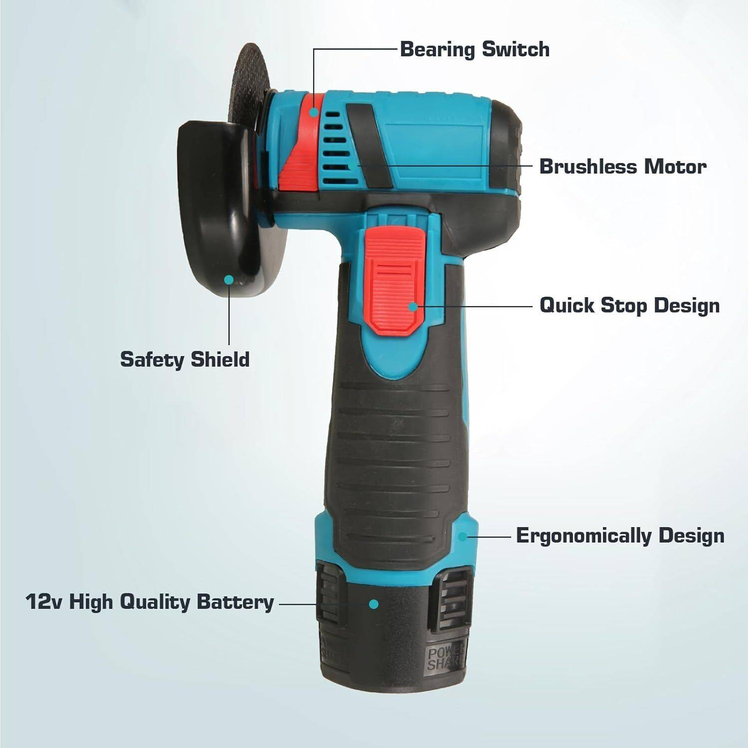 Elektrowerkzeug mit Etiketten. Lagerschalter, bürstenloser Motor, Quick Stop Design, Ergonomisches Design, Batterie.