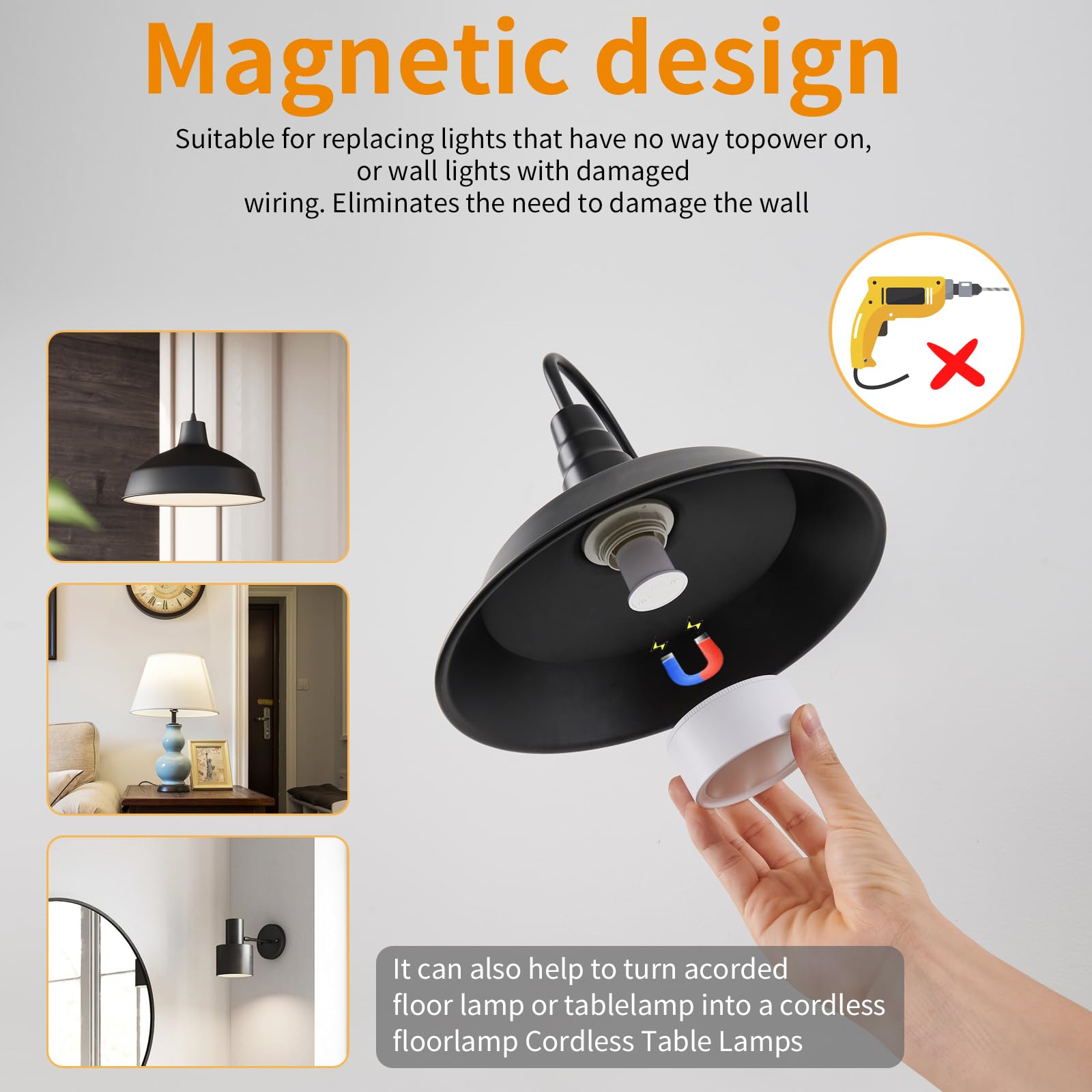 Diagramm, das zeigt, wie man Leuchten mit Magneten ersetzt. Eine Hand hält eine Leuchte.