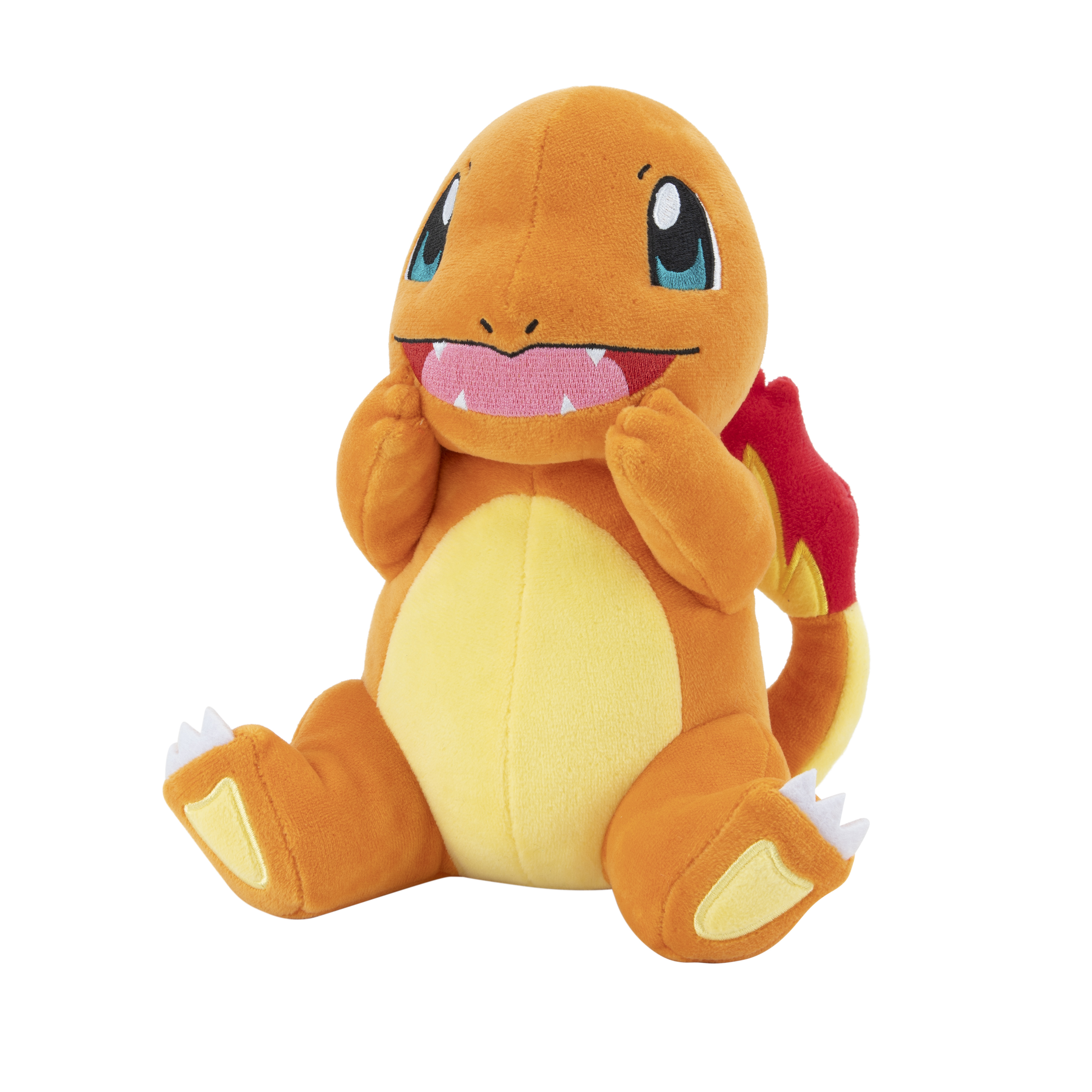 Charmander Plüschtier. Oranges Charmander mit blauen Augen und rotem Flammenschwanz.