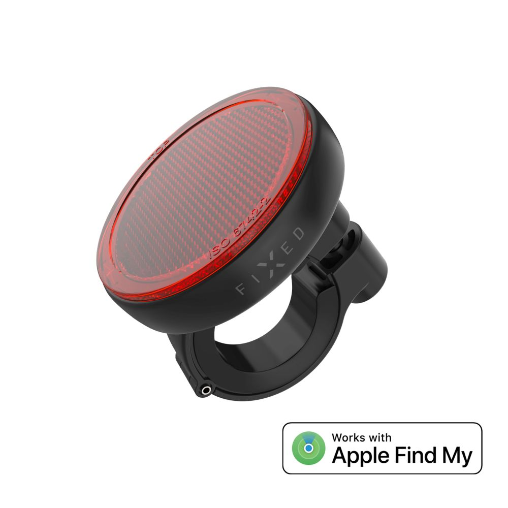 Schwarzes Lenkradschloss. Rotes Licht in der Mitte. Text sagt FIXED und Apple Find My.