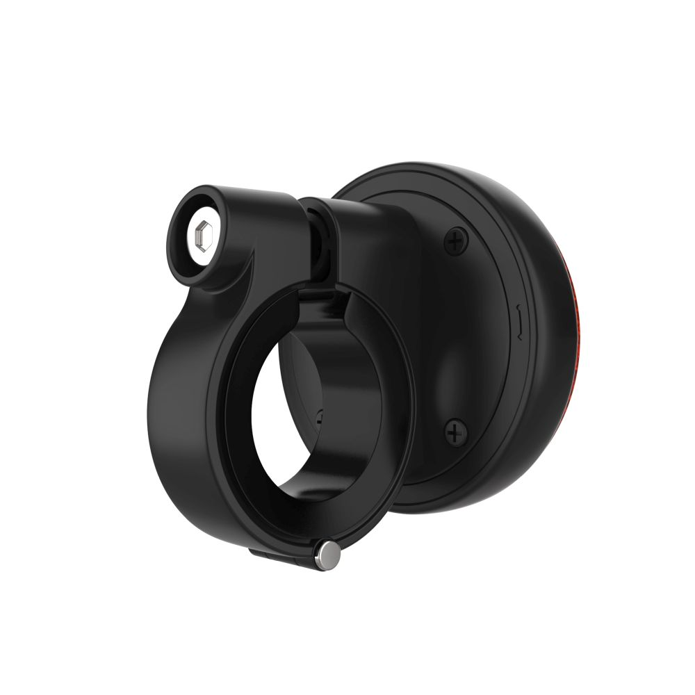 Schwarze Fahrradlichthalterung. Kreisförmige Basis mit Ring und Schraube. Weißer Hintergrund.