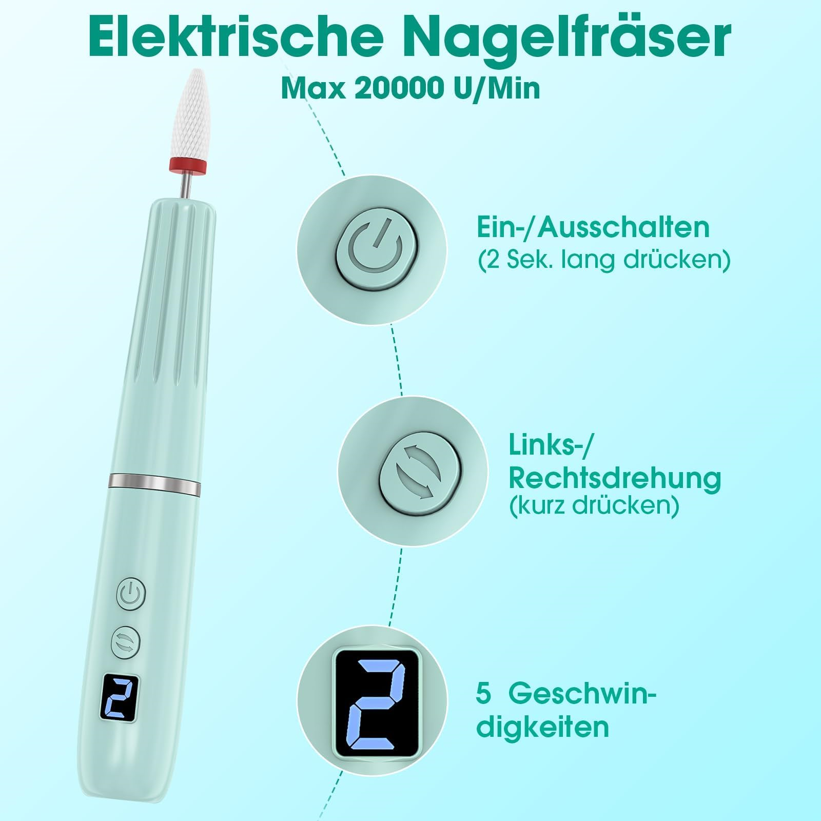 Nagelfräser mit Knöpfen. Ein Nagelfräser wird angezeigt, mit Knöpfen und Digitalanzeige.