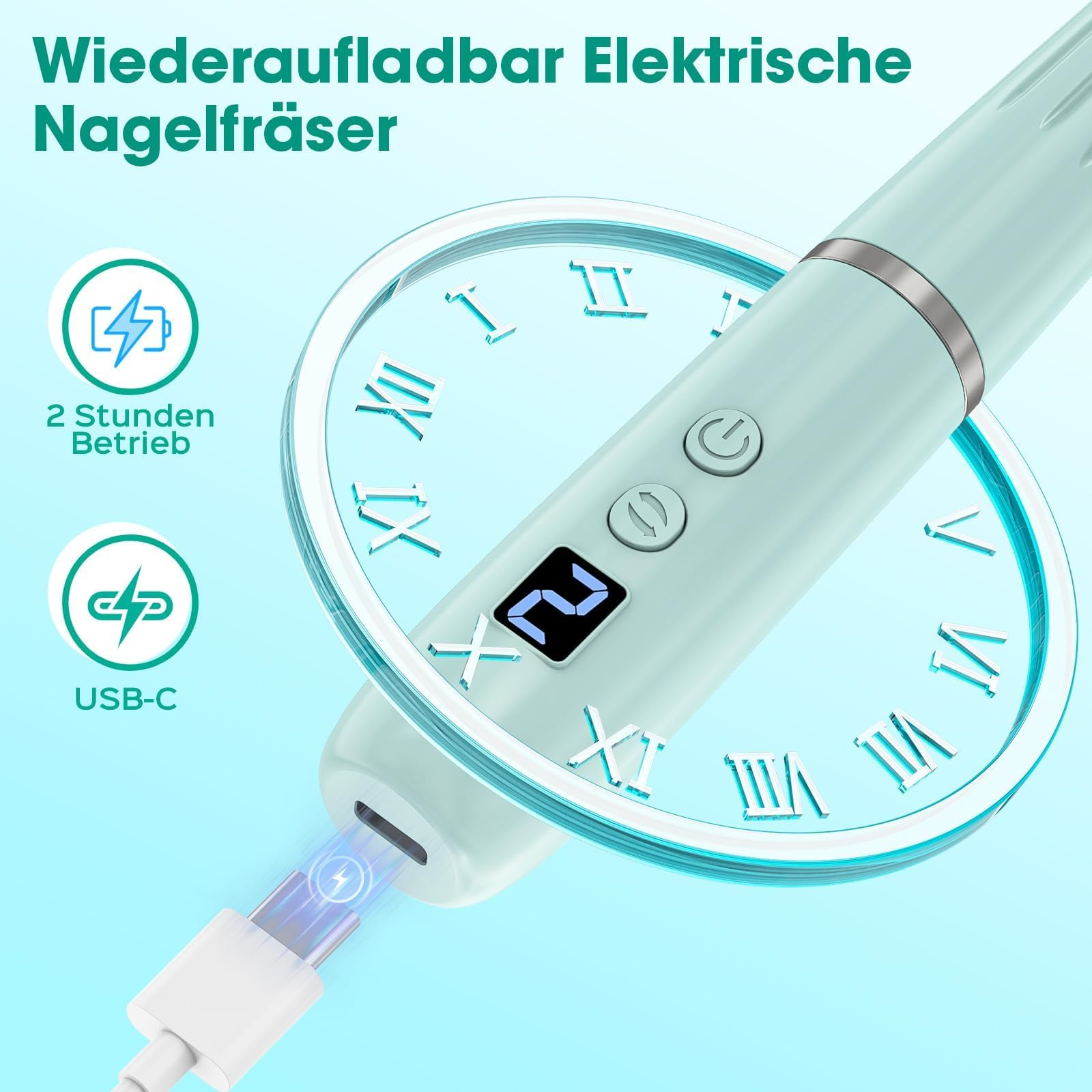 Ein Nagelfräser mit Digitalanzeige und USB-C-Anschluss. Der Text zeigt 2 Stunden Akkulaufzeit.
