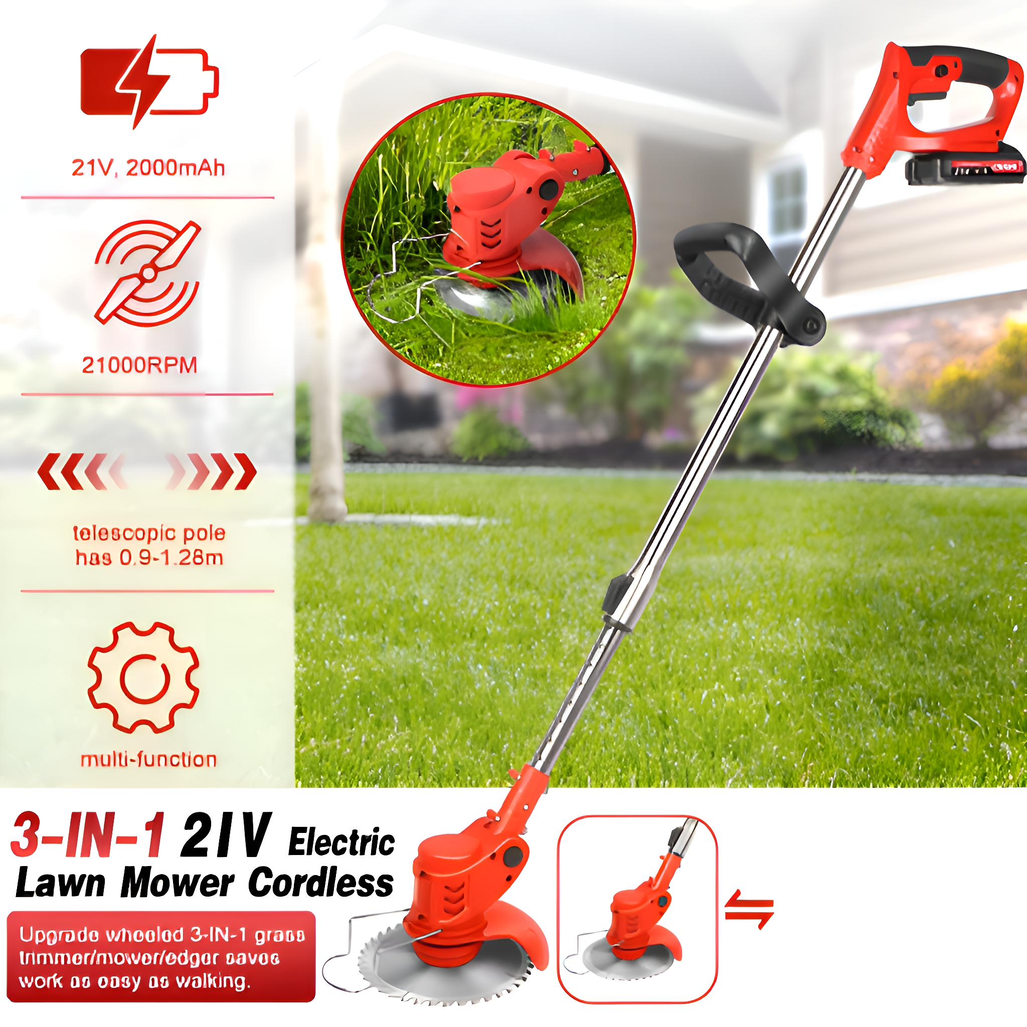 Roter und schwarzer elektrischer Rasenmäher. Text: 3-IN-1 21V Elektrischer Rasenmäher Kabellos.