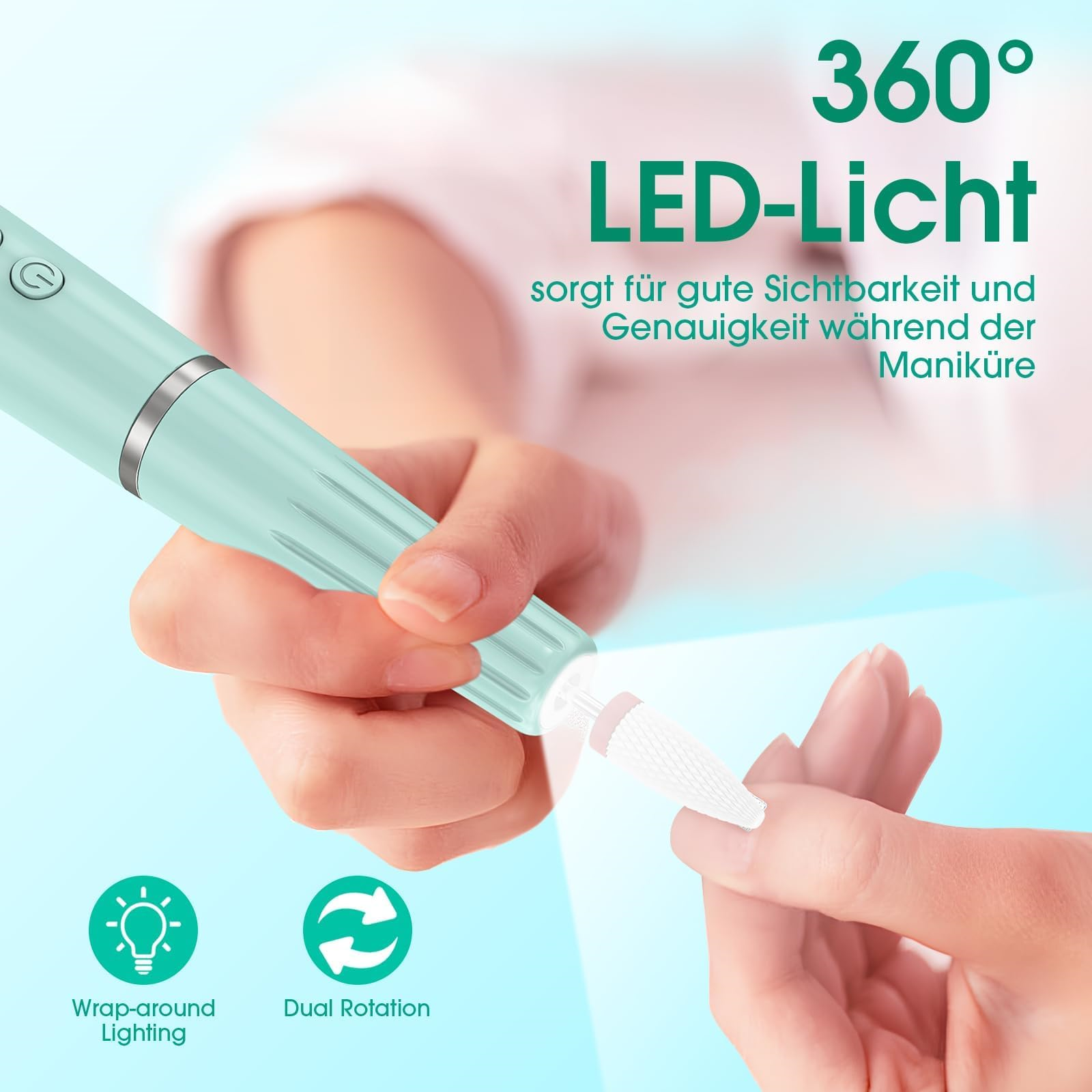 Eine Hand verwendet ein Nagelpflege-Werkzeug mit 360° LED-Licht für die Maniküre.